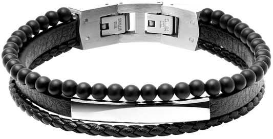 YALE: STEEL POLISHED BRACELET 5MM BLACK FLAT LEATHER STRAP, 3MM BLACK BRAIDED LEATHER STRAP, 4MM BLACK AGATES. 21CM ADJUSTABLE.