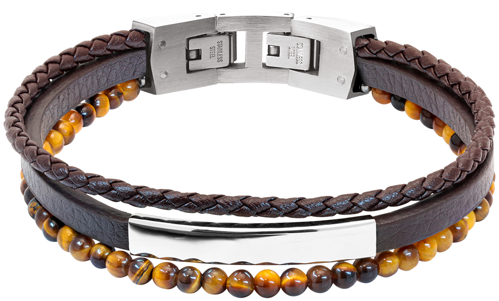 YALE: STEEL POLISHED BRACELET 5MM BROWN FLAT LEATHER STRAP, 3MM BROWN BRAIDED LEATHER STRAP, 4MM TIGER EYES. 21CM ADJUSTABLE.