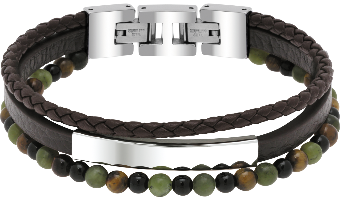 YALE: STEEL POLISHED BRACELET 5MM BROWN FLAT LEATHER STRAP, 3MM BROWN BRAIDED LEATHER STRAP, 4MM TIGER EYES AND GREEN JASPERS. 21CM ADJUSTABLE.