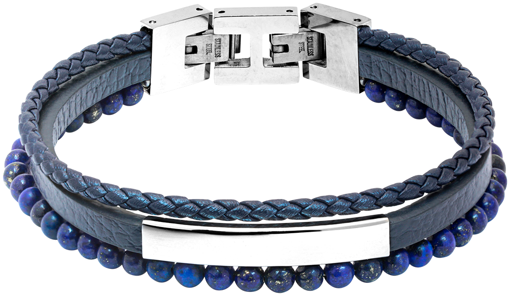 YALE: STEEL POLISHED BRACELET 5MM BLUE FLAT LEATHER STRAP, 3MM BLUE BRAIDED LEATHER STRAP, 4MM LAPIS LAZULI. 21CM ADJUSTABLE.