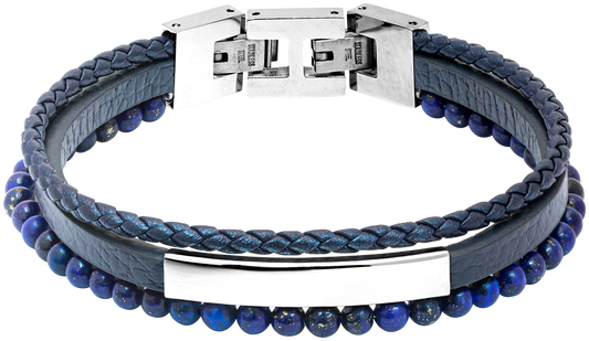 YALE: STEEL POLISHED BRACELET 5MM BLUE FLAT LEATHER STRAP, 3MM BLUE BRAIDED LEATHER STRAP, 4MM LAPIS LAZULI. 21CM ADJUSTABLE.