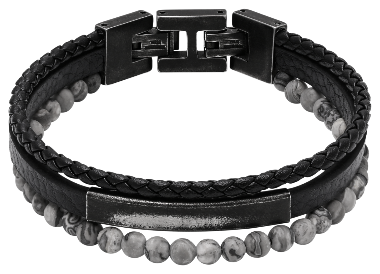 YALE: VINTAGE STEEL BRACELET 5MM BLACK FLAT LEATHER STRAP, 5MM BLACK BRAIDED LEATHER STRAP, 4MM GREY JASPERS. 21CM ADJUSTABLE.