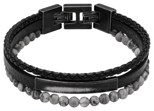 YALE: VINTAGE STEEL BRACELET 5MM BLACK FLAT LEATHER STRAP, 5MM BLACK BRAIDED LEATHER STRAP, 4MM GREY JASPERS. 21CM ADJUSTABLE.