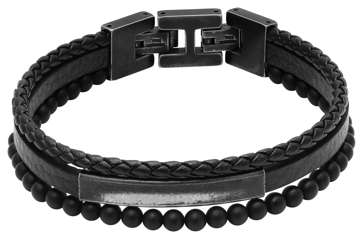 YALE: VINTAGE STEEL BRACELET 5MM BLACK FLAT LEATHER STRAP, 5MM BLACK BRAIDED LEATHER STRAP, 4MM BLACK AGATES. 21CM ADJUSTABLE.