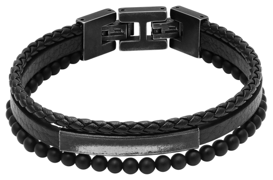 YALE: VINTAGE STEEL BRACELET 5MM BLACK FLAT LEATHER STRAP, 5MM BLACK BRAIDED LEATHER STRAP, 4MM BLACK AGATES. 21CM ADJUSTABLE.