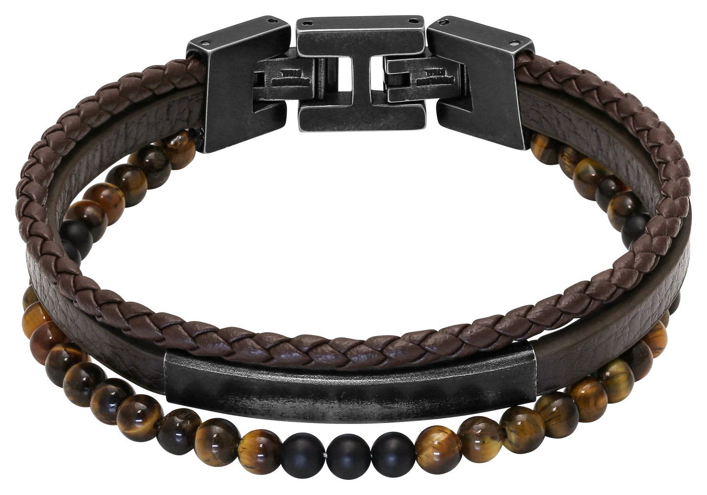 YALE: VINTAGE STEEL BRACELET 5MM BROWN FLAT LEATHER STRAP, 5MM BROWN BRAIDED LEATHER STRAP, 4MM TIGER EYES. 21CM ADJUSTABLE.