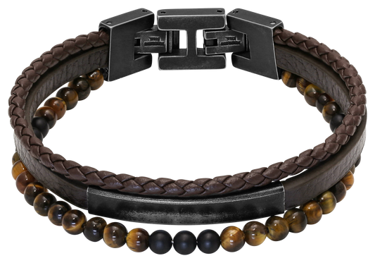 YALE: VINTAGE STEEL BRACELET 5MM BROWN FLAT LEATHER STRAP, 5MM BROWN BRAIDED LEATHER STRAP, 4MM TIGER EYES. 21CM ADJUSTABLE.