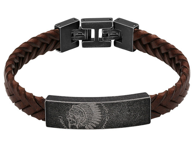 SHAMAN Bracelet 12mm Vintage steel and brown braided leather 21cm. Adjustable. FINAL STOCK