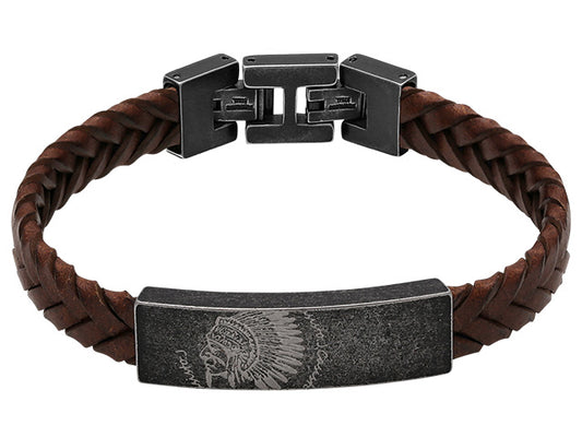 SHAMAN Bracelet 12mm Vintage steel and brown braided leather 21cm. Adjustable. FINAL STOCK