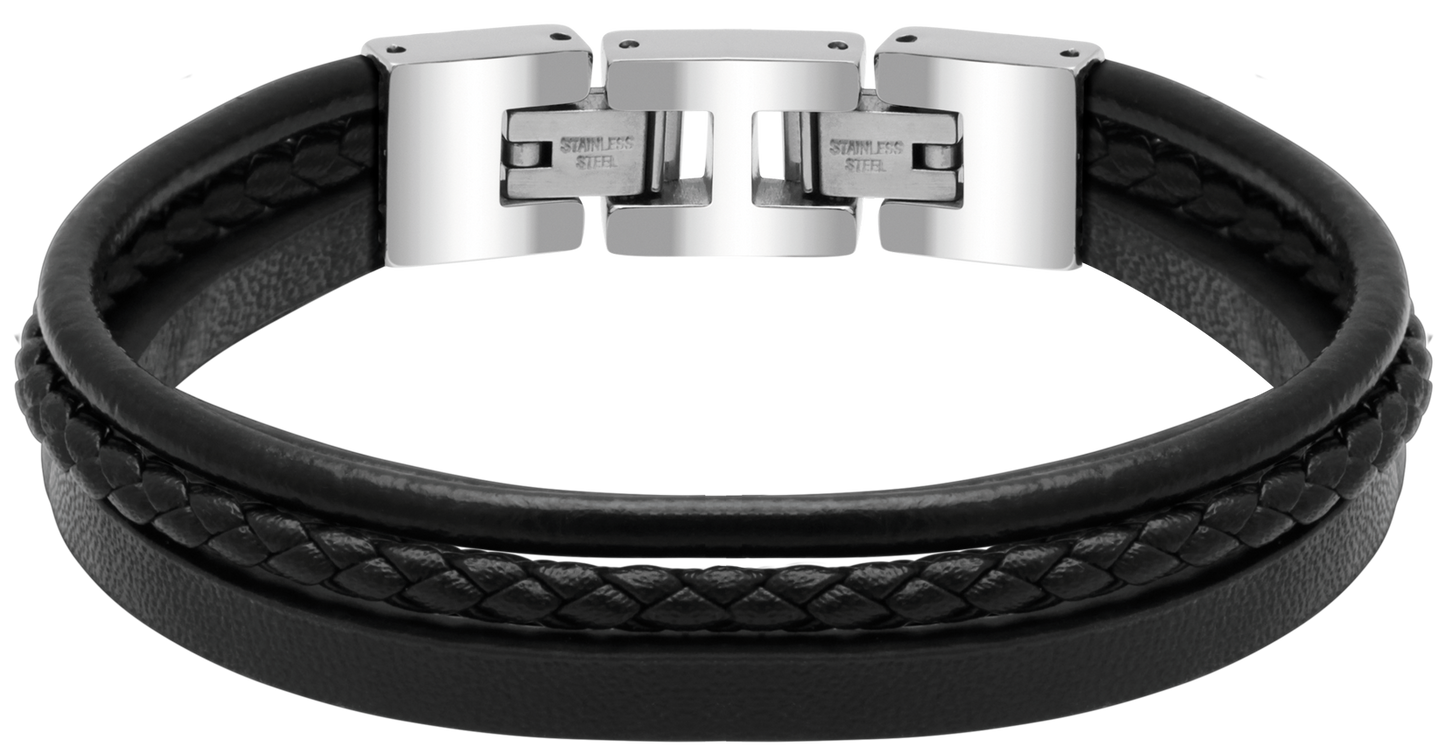 STANFORD: POLISHED STEEL BRACELET,  BLACK FLAT, ROUND, AND BRAIDED LEATHER STRAPS. 21CM ADJUSTABLE.