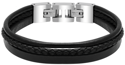 STANFORD: POLISHED STEEL BRACELET,  BLACK FLAT, ROUND, AND BRAIDED LEATHER STRAPS. 21CM ADJUSTABLE.