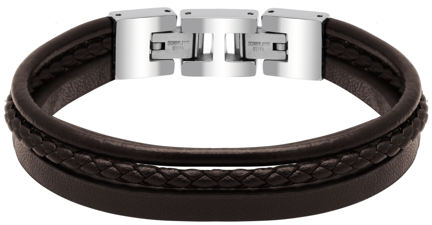 STANFORD: POLISHED STEEL BRACELET,  BROWN FLAT, ROUND, AND BRAIDED LEATHER STRAPS. 21CM ADJUSTABLE.