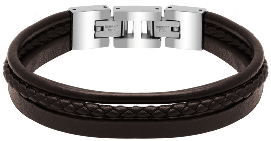 STANFORD: POLISHED STEEL BRACELET,  BROWN FLAT, ROUND, AND BRAIDED LEATHER STRAPS. 21CM ADJUSTABLE.