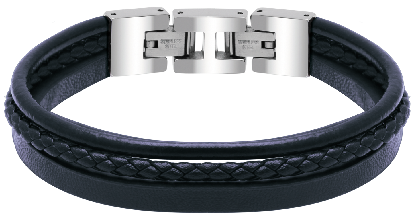 STANFORD: POLISHED STEEL BRACELET,  NAVY BLUE FLAT, ROUND, AND BRAIDED LEATHER STRAPS. 21CM ADJUSTABLE.