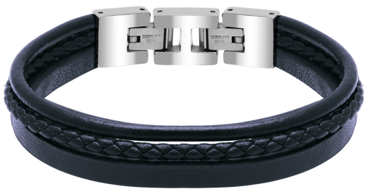 STANFORD: POLISHED STEEL BRACELET,  NAVY BLUE FLAT, ROUND, AND BRAIDED LEATHER STRAPS. 21CM ADJUSTABLE.