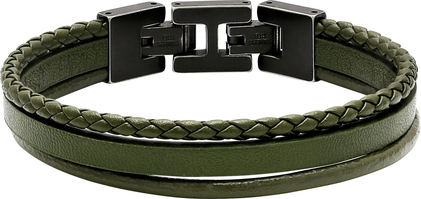 STANFORD: VINTAGE STEEL BRACELET,  KHAKI FLAT, ROUND, AND BRAIDED LEATHER STRAPS. 21CM ADJUSTABLE.