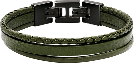 STANFORD: VINTAGE STEEL BRACELET,  KHAKI FLAT, ROUND, AND BRAIDED LEATHER STRAPS. 21CM ADJUSTABLE.