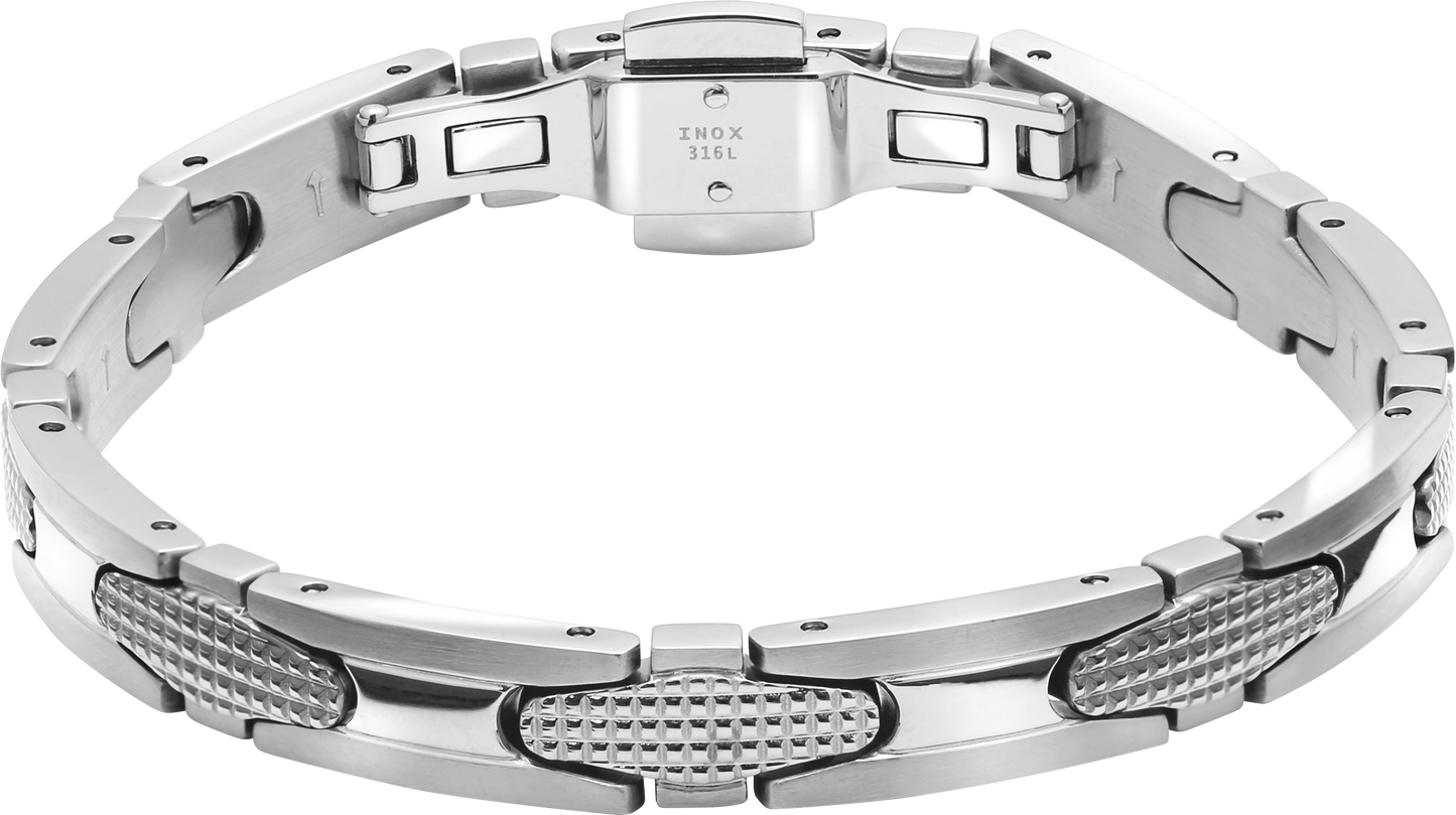 GATSBY: 8MM POLISHED AND SATINED STEEL BRACELET, DIAMOND POINT PATTERN WITH BUTTERFLY BUCKLE. ADJUSTABLE.