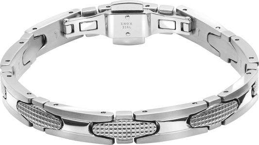 GATSBY: 8MM POLISHED AND SATINED STEEL BRACELET, DIAMOND POINT PATTERN WITH BUTTERFLY BUCKLE. ADJUSTABLE.