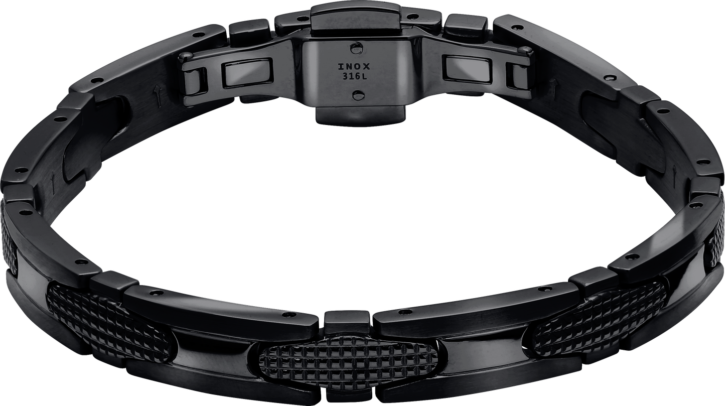 GATSBY: 8MM IP BLACK STEEL BRACELET, DIAMOND POINT PATTERN WITH BUTTERFLY BUCKLE. ADJUSTABLE.