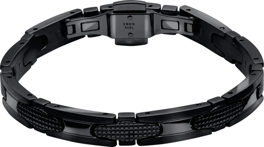 GATSBY: 8MM IP BLACK STEEL BRACELET, DIAMOND POINT PATTERN WITH BUTTERFLY BUCKLE. ADJUSTABLE.