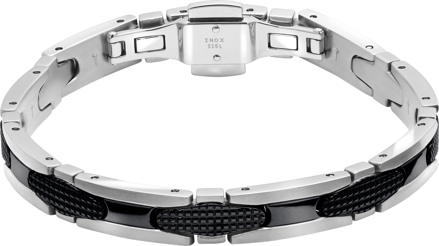 GATSBY: 8MM BI-COLOUR STEEL AND IP BLACK BRACELET. DIAMOND POINT PATTERN AND BUTTERFLY BUCKLE. 21CM ADJUSTABLE.
