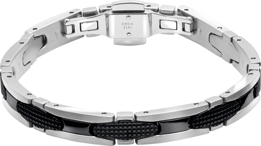 GATSBY: 8MM BI-COLOUR STEEL AND IP BLACK BRACELET. DIAMOND POINT PATTERN AND BUTTERFLY BUCKLE. 21CM ADJUSTABLE.
