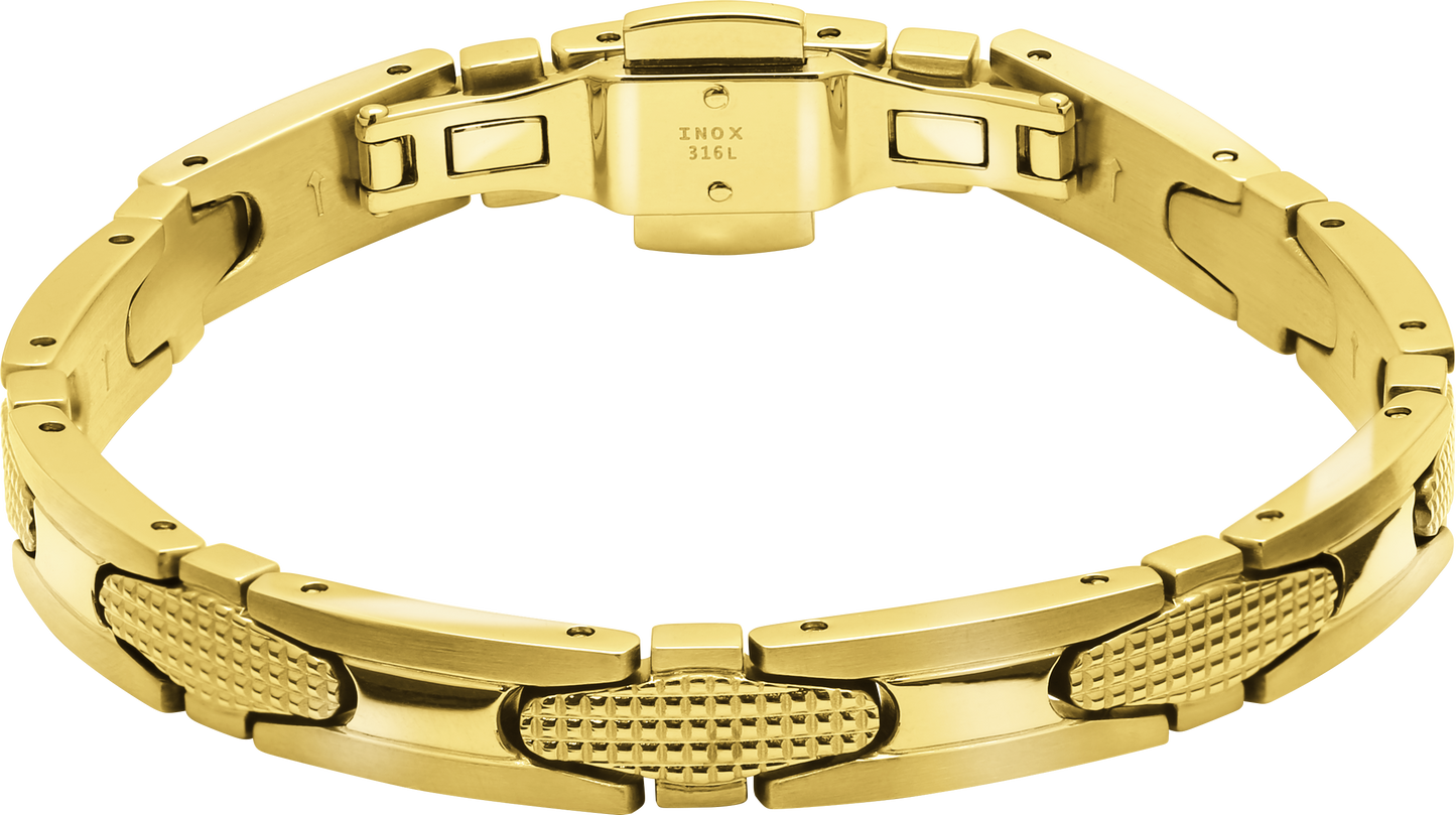 GATSBY: 8MM IP GOLD STEEL BRACELET, DIAMOND POINT PATTERN AND BUTTERFLY BUCKLE. 21CM ADJUSTABLE.