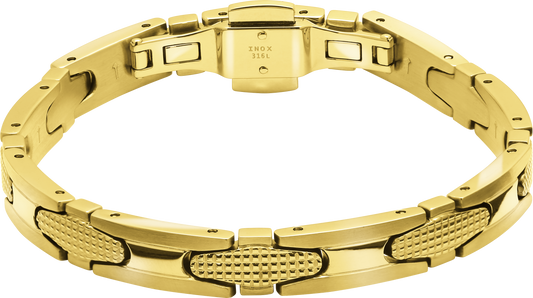 GATSBY: 8MM IP GOLD STEEL BRACELET, DIAMOND POINT PATTERN AND BUTTERFLY BUCKLE. 21CM ADJUSTABLE.