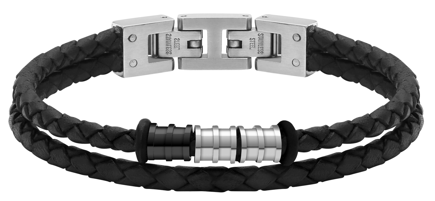 GENTLEMAN: 8MM BRACELET, BLACK BRAIDED LEATHER STRAPS AND STEEL BEADS. 21CM ADJUSTABLE.