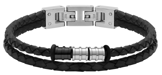 GENTLEMAN: 8MM BRACELET, BLACK BRAIDED LEATHER STRAPS AND STEEL BEADS. 21CM ADJUSTABLE.