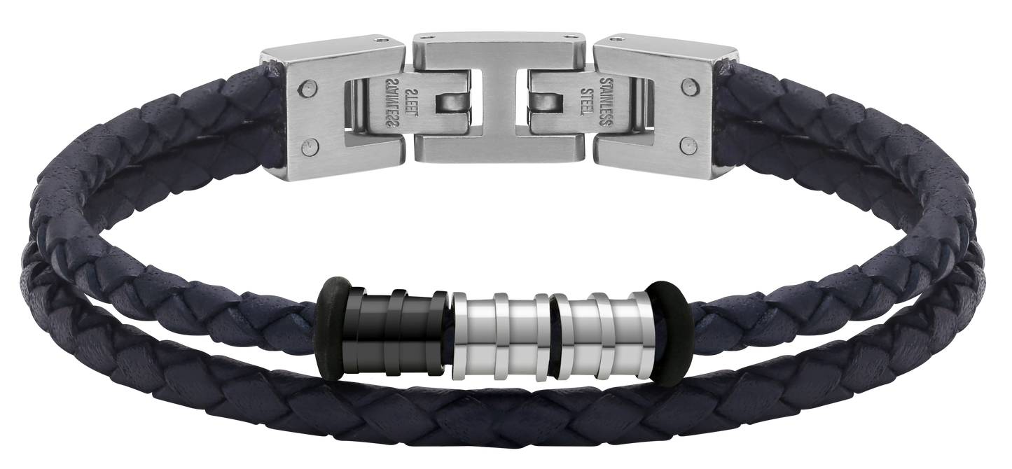 GENTLEMAN: 8MM BRACELET, NAVY BRAIDED LEATHER STRAPS AND STEEL BEADS. 21CM ADJUSTABLE.