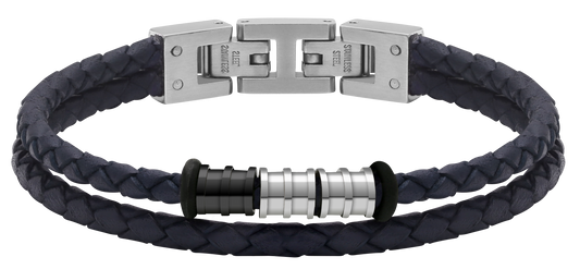 GENTLEMAN: 8MM BRACELET, NAVY BRAIDED LEATHER STRAPS AND STEEL BEADS. 21CM ADJUSTABLE.
