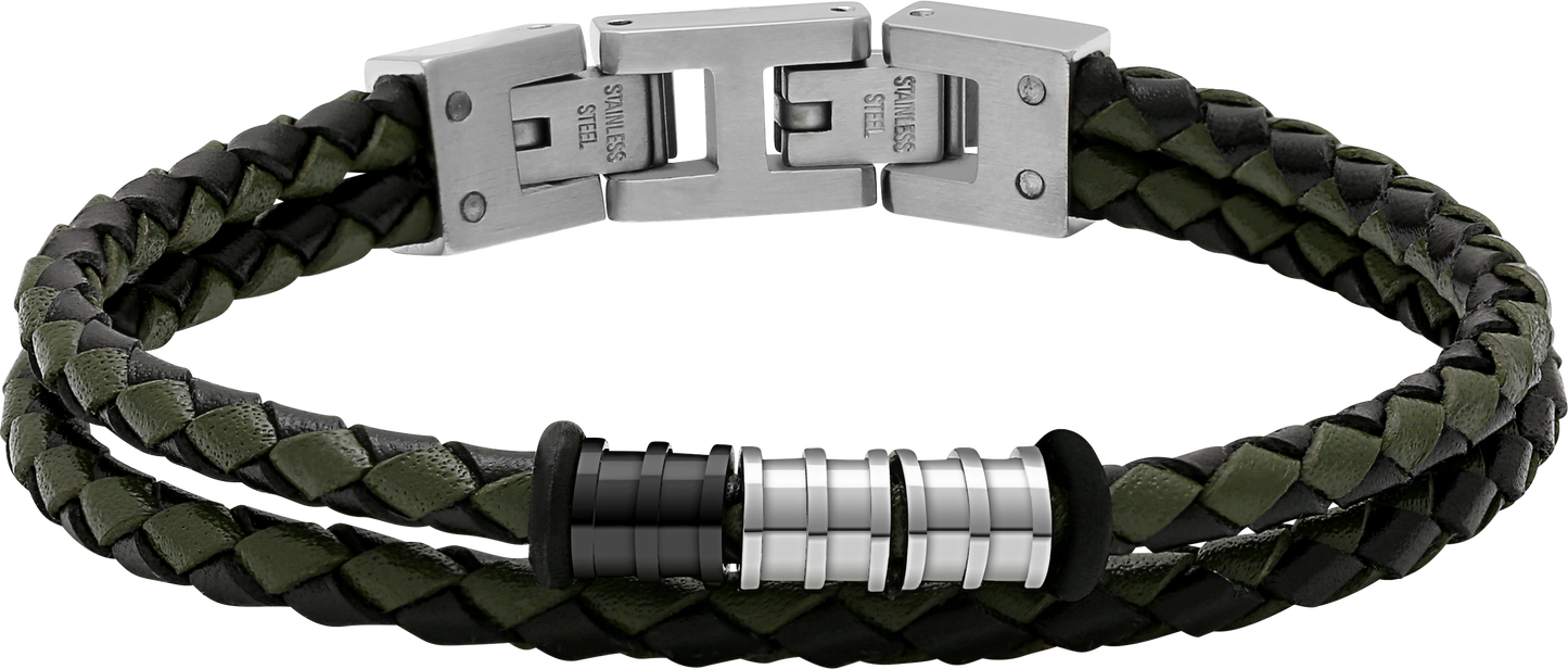 GENTLEMAN: 8MM BRACELET, BLACK AND KHAKI BRAIDED LEATHER STRAPS AND STEEL BEADS. 21CM ADJUSTABLE.