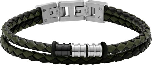 GENTLEMAN: 8MM BRACELET, BLACK AND KHAKI BRAIDED LEATHER STRAPS AND STEEL BEADS. 21CM ADJUSTABLE.