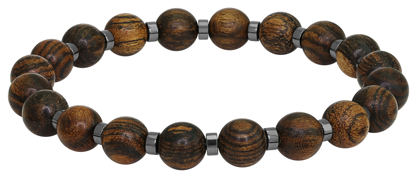 MYSTERES: ELASTIC BRACELET WITH 8MM WOOD BEADS AND 4MM SHINY HEMATITE BEADS. ONE SIZE