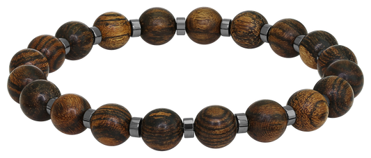 MYSTERES: ELASTIC BRACELET WITH 8MM WOOD BEADS AND 4MM SHINY HEMATITE BEADS. ONE SIZE