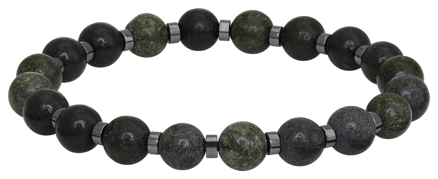 MYSTERES: ELASTIC BRACELET WITH 8MM ALEXANDRITE BEADS AND 4MM SHINY HEMATITE BEADS. ONE SIZE