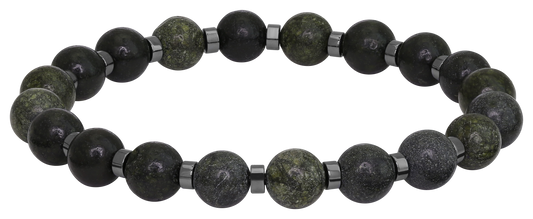 MYSTERES: ELASTIC BRACELET WITH 8MM ALEXANDRITE BEADS AND 4MM SHINY HEMATITE BEADS. ONE SIZE