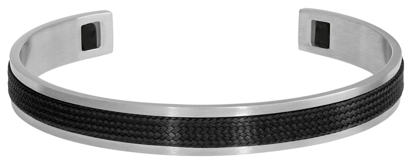 HAUBANS: 9MM SATINED STEEL BANGLE AND BLACK POLYESTER CORD. ONE SIZE. A STRIKING CONTRAST COMBINING MATERIALS. THE STEEL PROVIDES STRENGTH WHILE THE TEXTILE ADDS A TOUCH OF SOFTNESS.