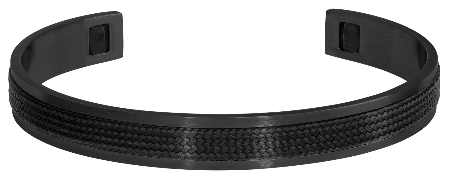 HAUBANS: 9MM IP BLACK SATINED STEEL BANGLE AND BLACK POLYESTER CORD. ONE SIZE. A STRIKING CONTRAST COMBINING MATERIALS. THE STEEL PROVIDES STRENGTH WHILE THE TEXTILE ADDS A TOUCH OF SOFTNESS.