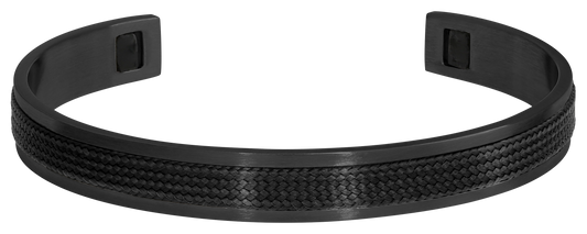 HAUBANS: 9MM IP BLACK SATINED STEEL BANGLE AND BLACK POLYESTER CORD. ONE SIZE. A STRIKING CONTRAST COMBINING MATERIALS. THE STEEL PROVIDES STRENGTH WHILE THE TEXTILE ADDS A TOUCH OF SOFTNESS.