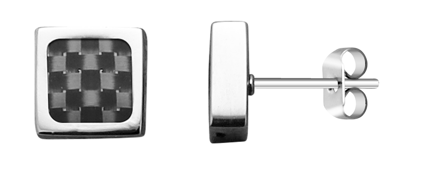 MERCURY: 7x7MM STEEL AND BLACK CARBON EARRINGS.