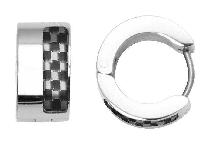 MERCURY: 9MM DIAMETER STEEL AND BLACK CARBON EARRINGS.