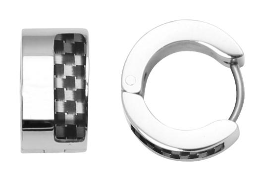 MERCURY: 9MM DIAMETER STEEL AND BLACK CARBON EARRINGS.