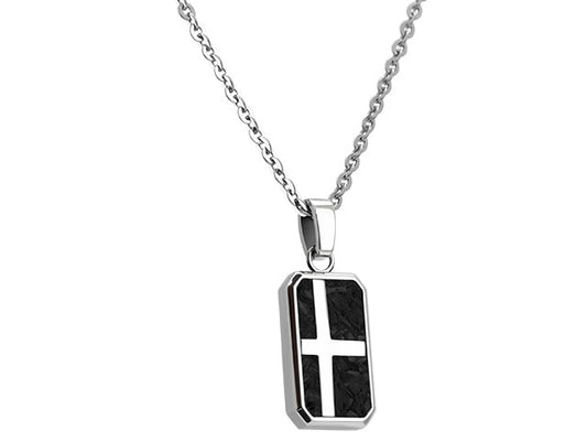 KINGDOM: Cross pendant steel and  carbon 22x13mm chain 50cm ?3mm. Adjustable. FINAL STOCK