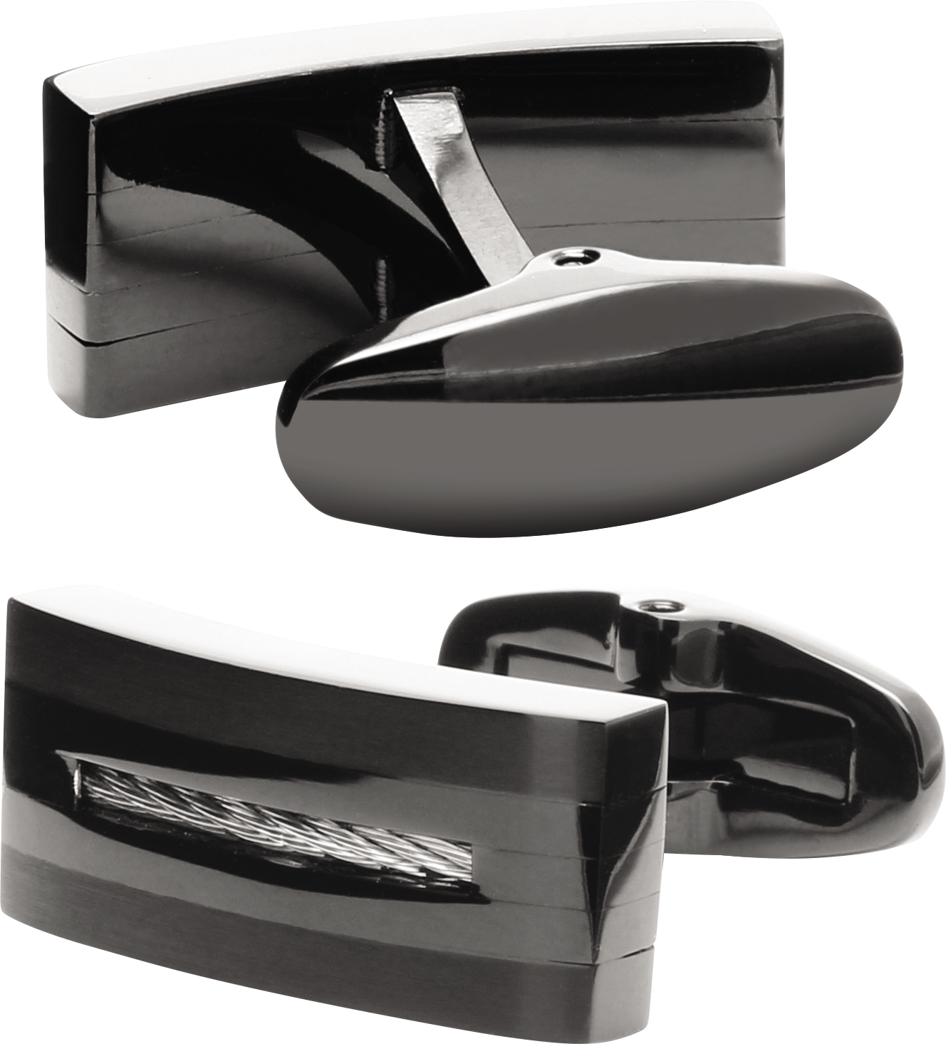 MARINA: BI-COLOUR IP BLACK AND STEEL CABLE CUFFLINKS.