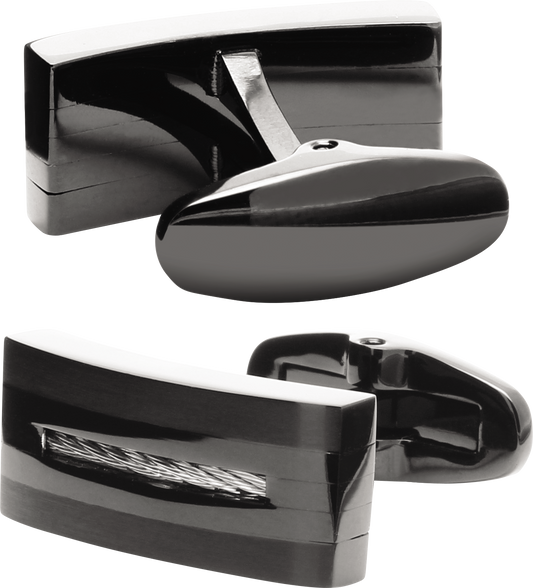 MARINA: BI-COLOUR IP BLACK AND STEEL CABLE CUFFLINKS.