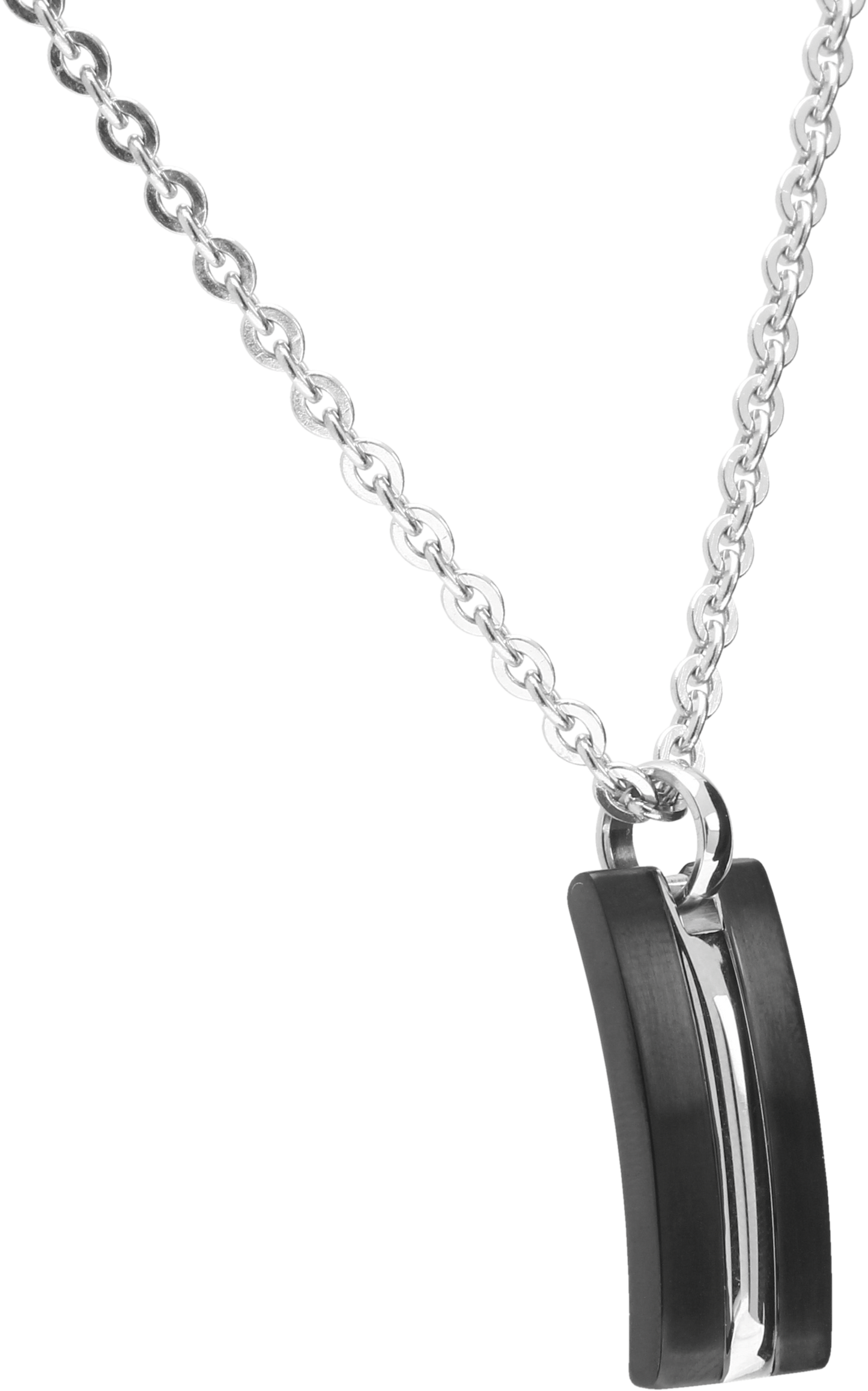 TRINIDAD: STEEL BI-COLOUR IP BLACK PENDANT 12x26MM, CHAIN 50CMx4MM. ADJUSTABLE.