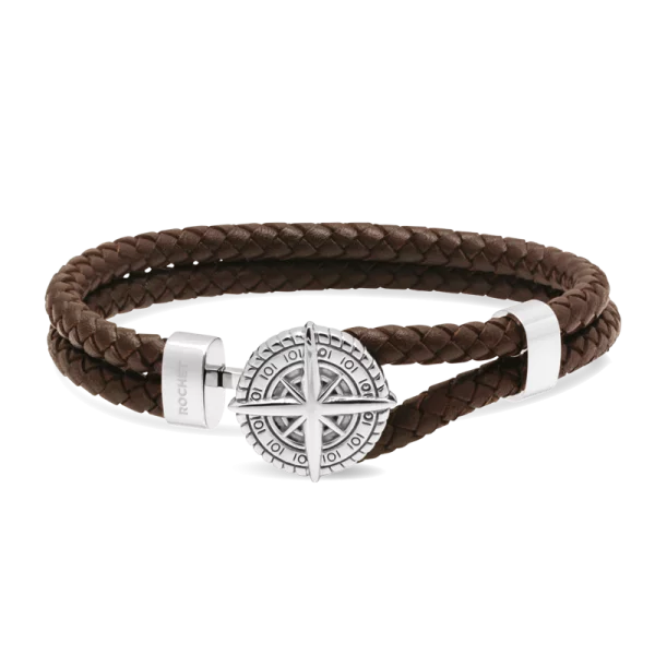 CAPE HORN: 10mm polished steel bracelet with brown braided leather straps. 21cm. One size